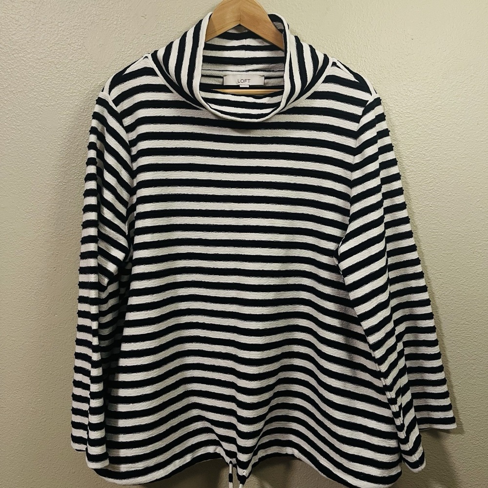 NWT LOFT Nautical Stripe Cowl Neck Terry‎ Sweater Wide Sleeve Draw String Sz XXL